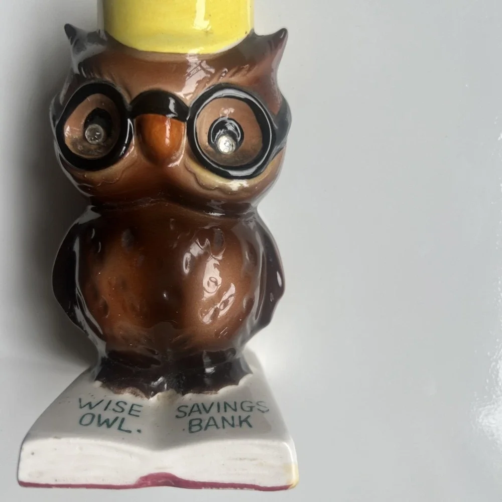 Vintage Wise Owl Savings Bank Elliott's Paints E. Ryburn Enesco Ceramic Glasses